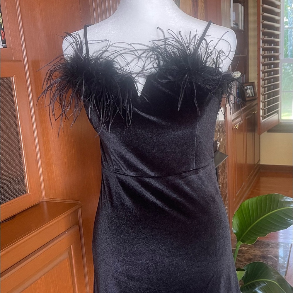 Elegant Black Feather Trim Dress